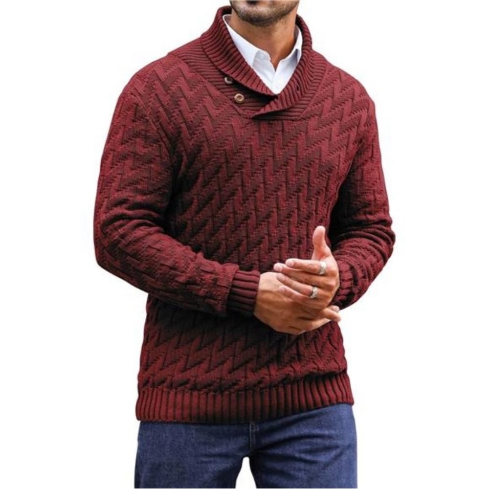 Men's Shawl Collar Pullover Sweater Casual Cable Knit Button Sweater